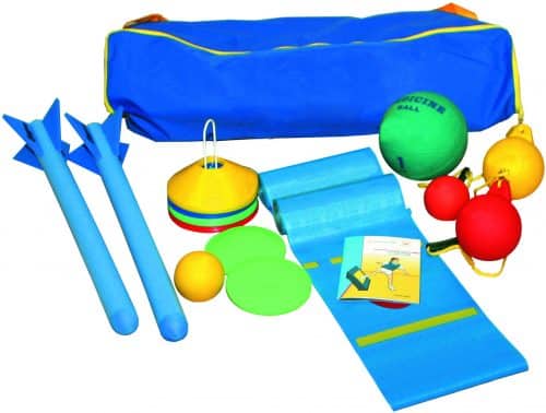 sac bleu, apprendre à lancer, kit, plots, balles, aide pour enfants