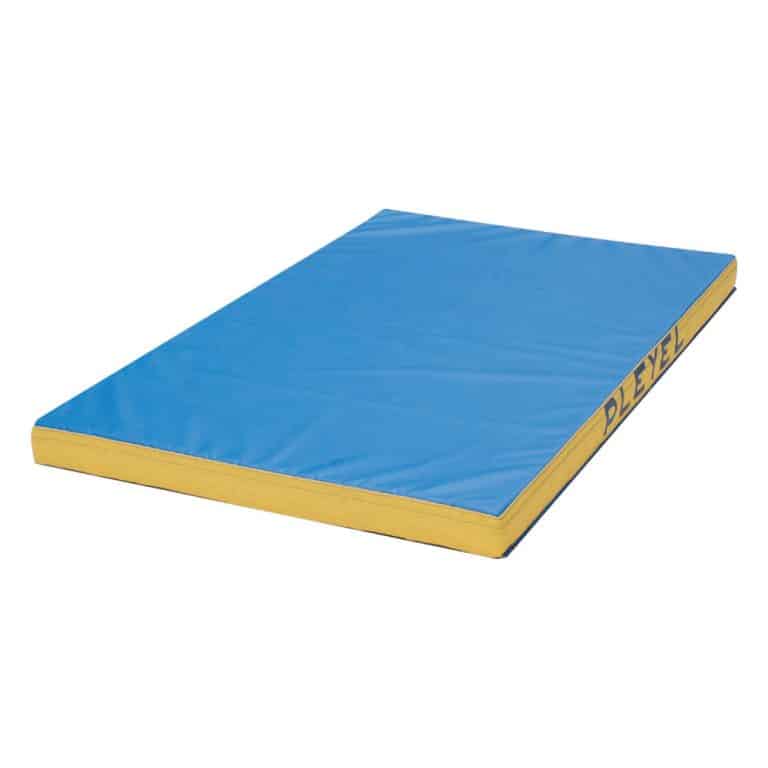 Matelas de gym bleu avec tranches jaunes double densité