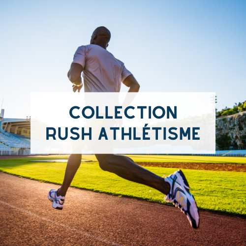 titre collection rush athlétisme, l'image montre un homme faisant un tour de piste d'athlétisme